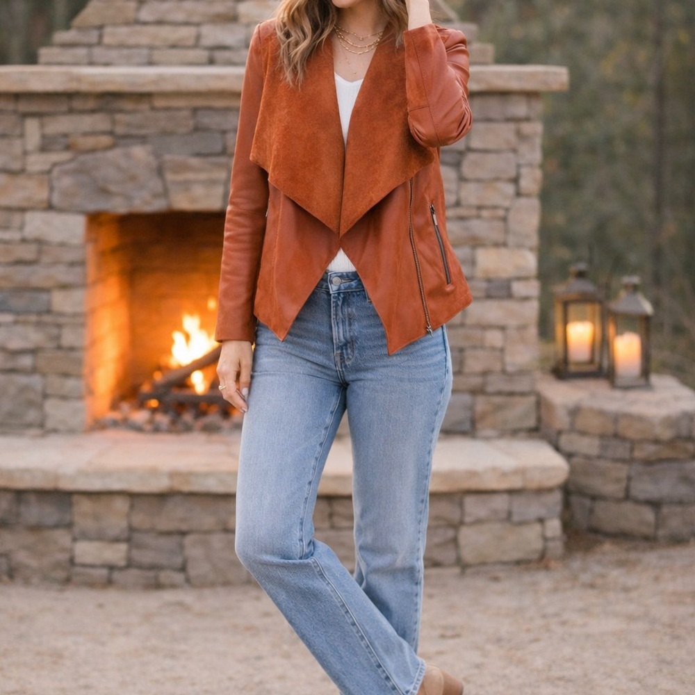 Beautiful burnt rust orange faux leather jacket by Bagatelle.